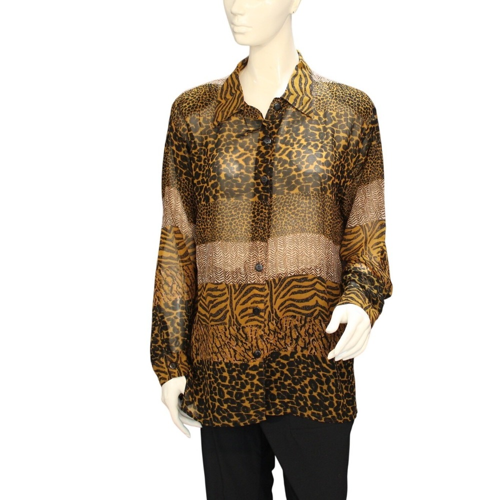 fleur by Elegant Additions Sheer Animal Print‎ Button Front Blouse Large Y2K